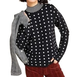 Anthropologie Black Mock Neck Sweater Knit Long Sleeves Top Polka Dot Size Small